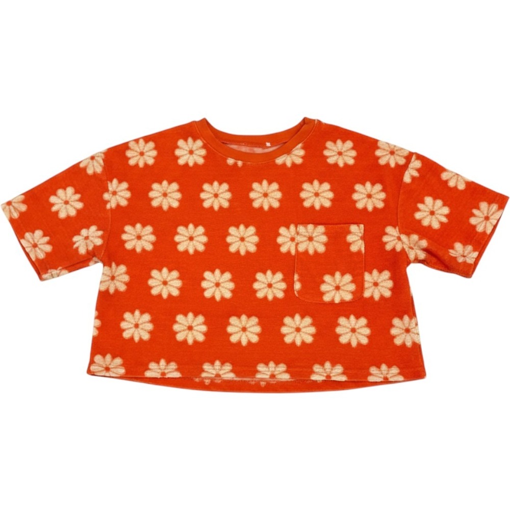 Unbranded Daisy Terry Cloth Top Womens L Orange Floral Cropped Pocket Tee